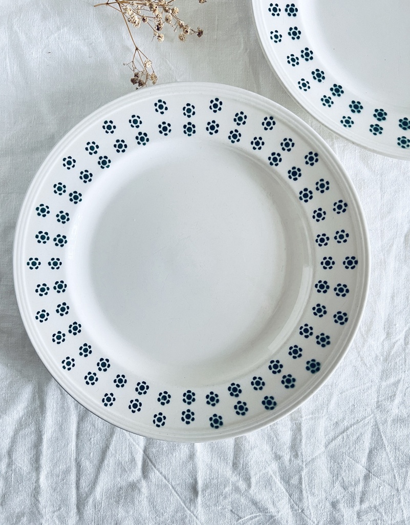 Lot de 2 assiettes plates Boch décorée de fleurs faites de petits pois verts