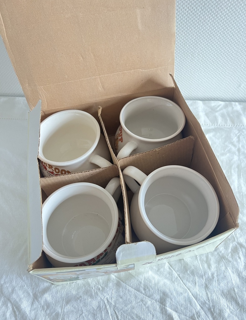 4 bols à soupe avec liste d'ingrédients neufs dans leur boîte