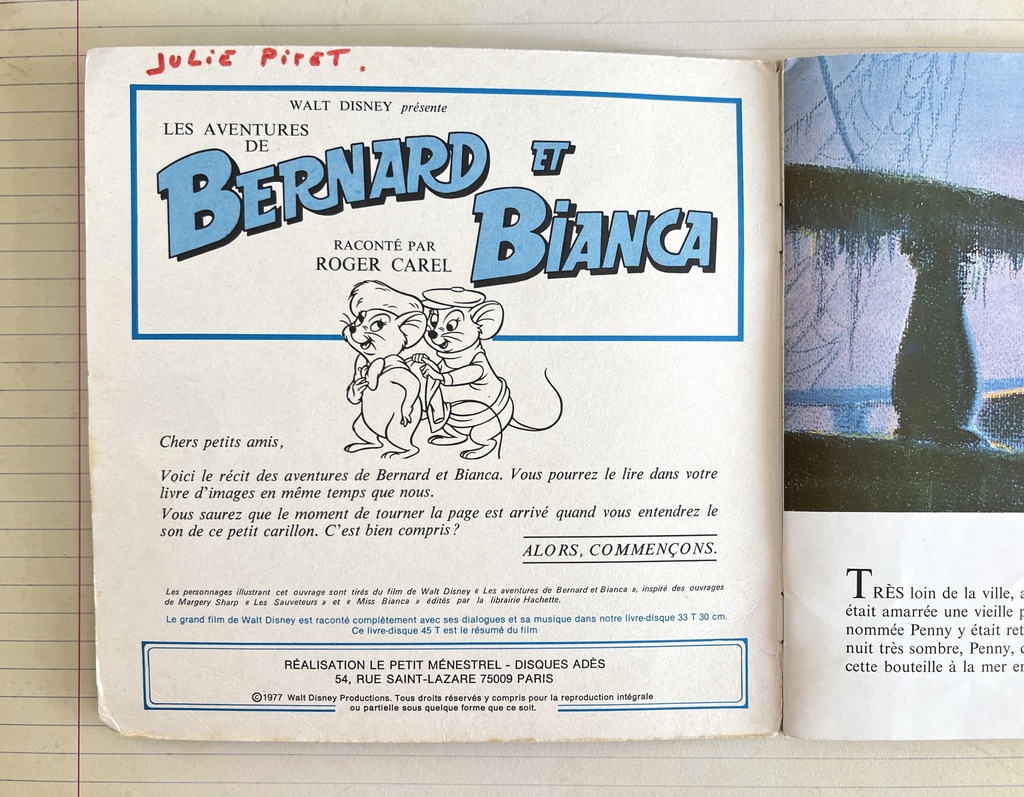 Livre disque 45 tours Bernard et Bianca de Walt Disney