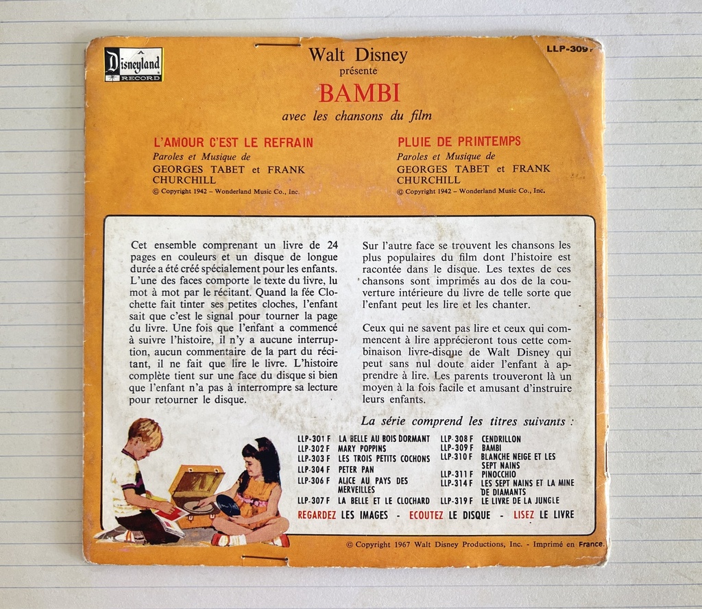 Livre-disque 33 tours 1/3 Bambi - Walt Disney