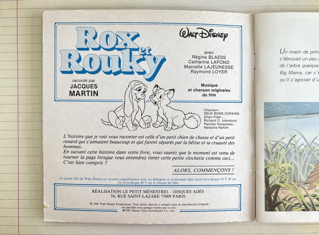 Livre disque 45 tours Rox et Rouky de Walt Disney