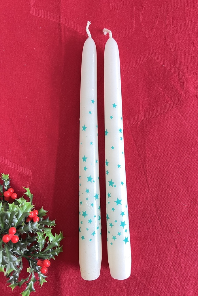 Boîte de 2 bougies chandelles blanches à étoiles bleu-vert Spaas