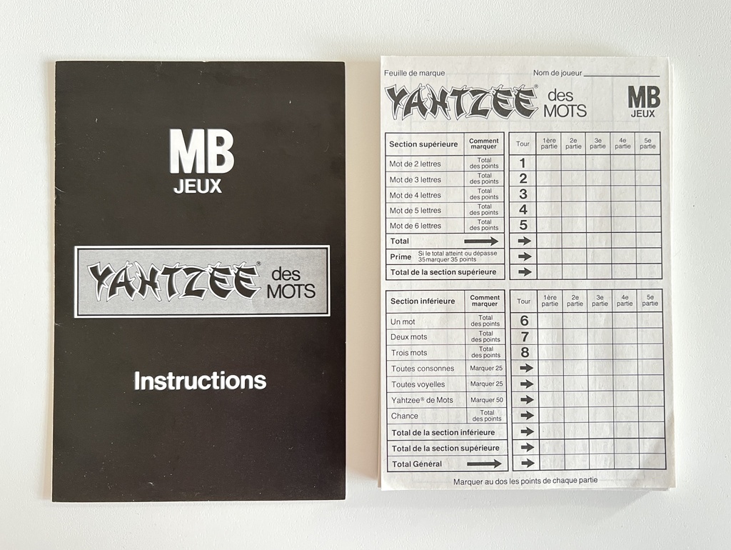 Jeu Yahtzee des mots - MB 1979