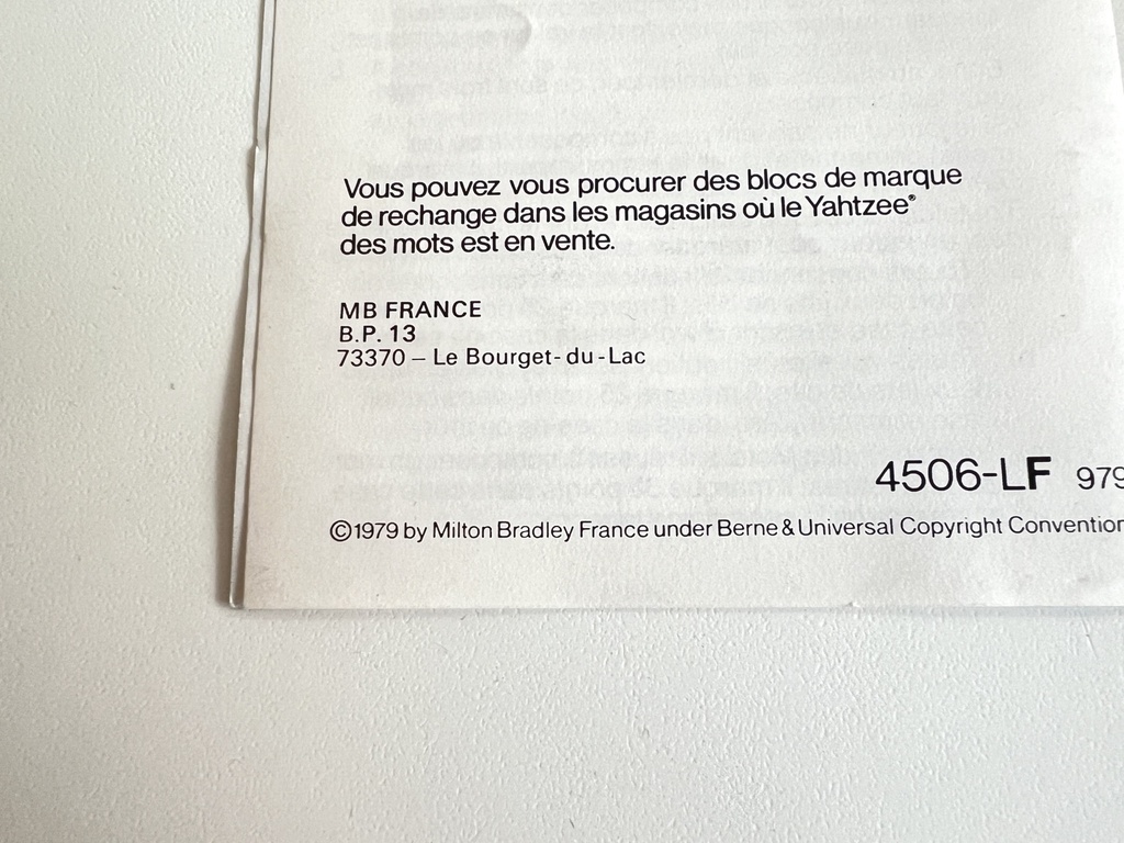 Jeu Yahtzee des mots - MB 1979