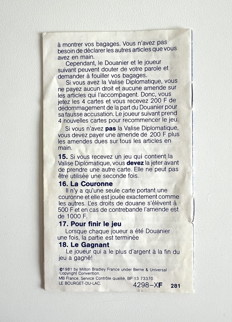 Jeu de société Rien à déclarer ? - MB 1981