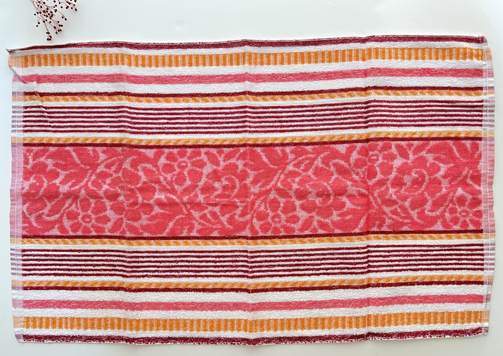 Essuie-main ligné et fleuri rose, rouge, orange et blanc