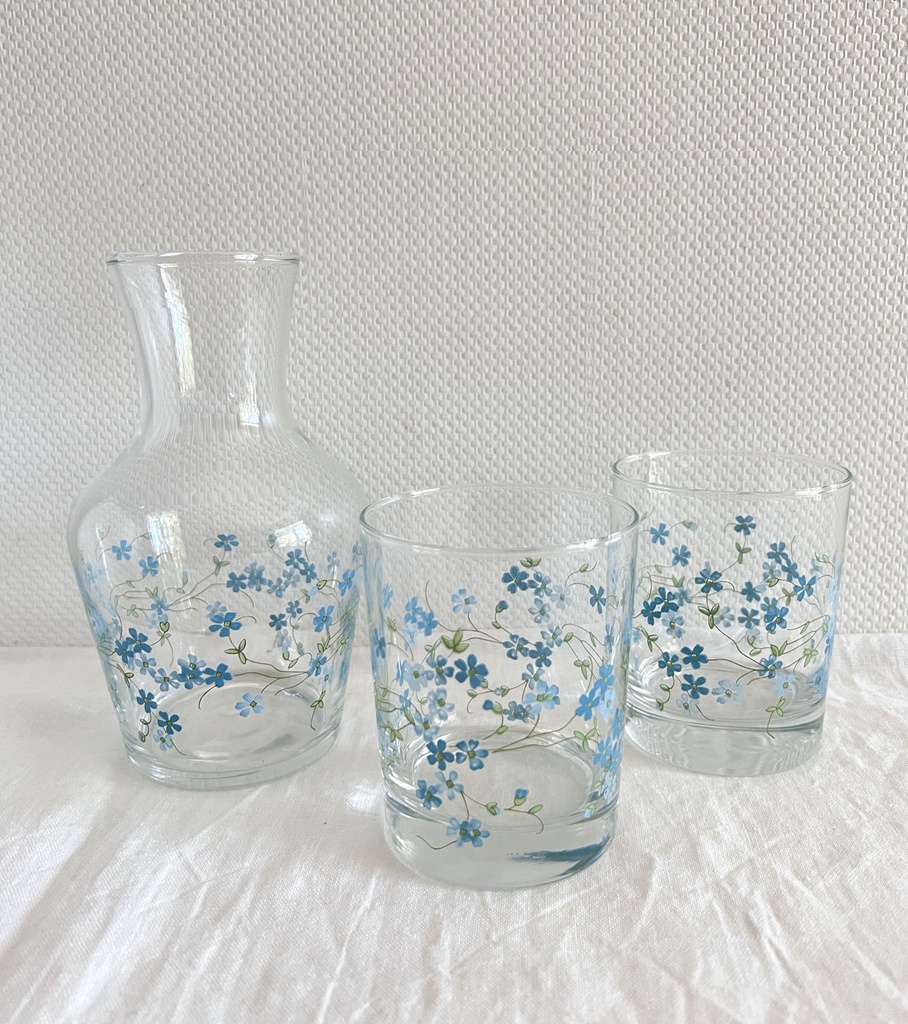 Ensemble carafe et 2 verres à eau décor Myosotis