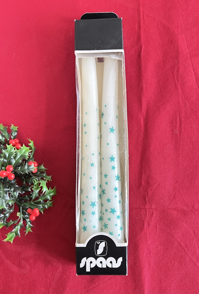 Boîte de 2 bougies chandelles blanches à étoiles bleu-vert Spaas