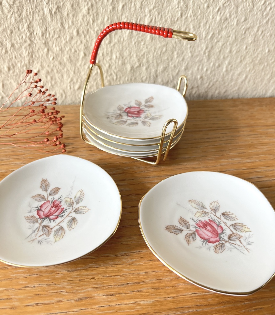 Ensemble de 6 coupelles fleuries Bavaria avec présentoir en métal et poignée en scoubidou