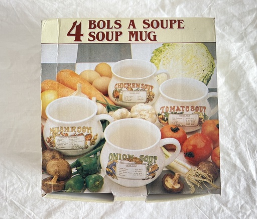 4 bols à soupe avec liste d'ingrédients, neufs dans leur boîte